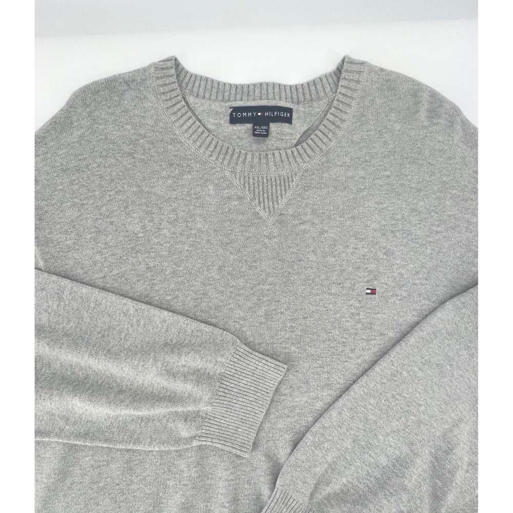 Tommy Hilfiger Sweater Crew Neck Grey XXL Mens Pullover Knit Logo Y2K Vintage